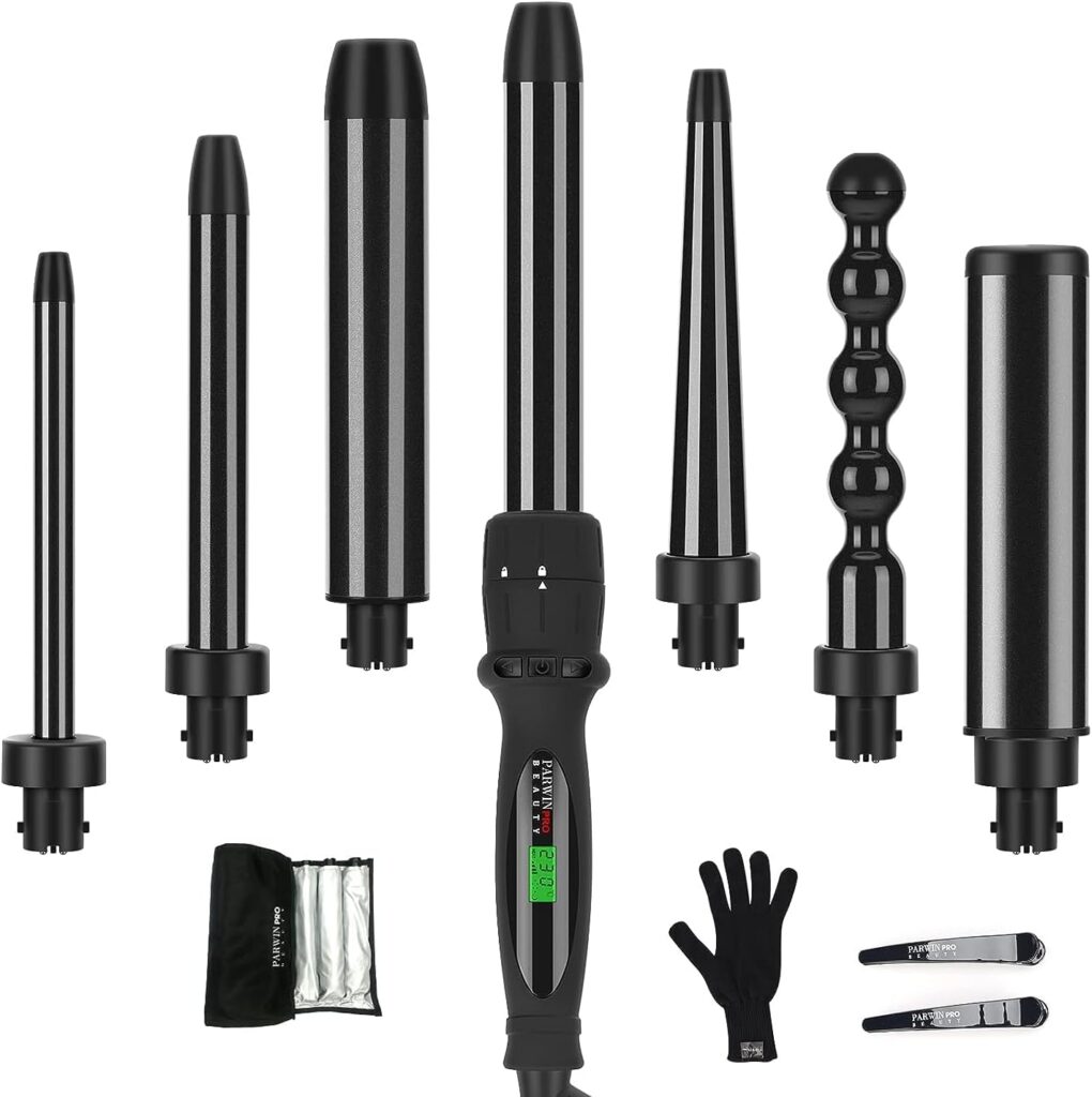 7 In1 Curling Wand Iron Set, PARWIN PRO BEAUTY Hair Curling Wands for Long Short Hair, Hair Curlers Wand with 7 Ceramic Barrels, LCD Display, Heat Resistant Glove, Dual Voltage Good for Travel 7 In1 Curling Wand Iron Set, PARWIN PRO BEAUTY Hair Curling Wands for Long Short Hair, Hair Curlers Wand with 7 Ceramic Barrels, LCD Display, Heat Resistant Glove, Dual Voltage Good for Travel