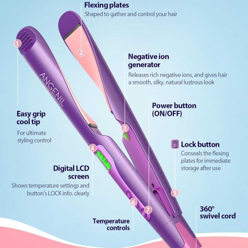 ANGENIL Pro Twist Flat Iron Hair Straightener for Women, 2 in 1 Straightener and Curling Iron, Round Pink Dual Voltage Hair Straightener with Silicone Heat Resistant Mat, 20S Fast Heating, LCD Display