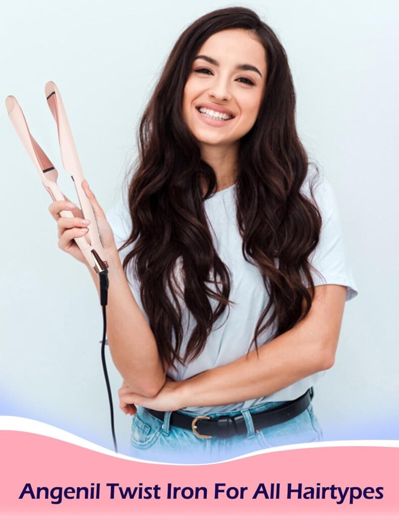 ANGENIL Pro Twist Flat Iron Hair Straightener for Women, 2 in 1 Straightener and Curling Iron, Round Pink Dual Voltage Hair Straightener with Silicone Heat Resistant Mat, 20S Fast Heating, LCD Display