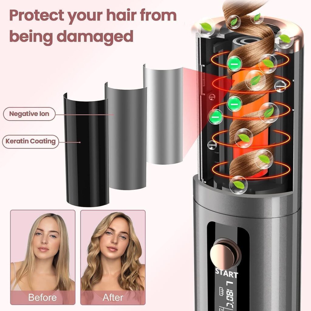 Automatic Hair Iron, Cordless Hair Curler PTC Ceramic Hair Curling Negative Ion Portable 5000mAh Rechargeable USB Anti-Tangle 6 Temperature  Timer 10min Auto Off Curling Wand for Home/Travel Use