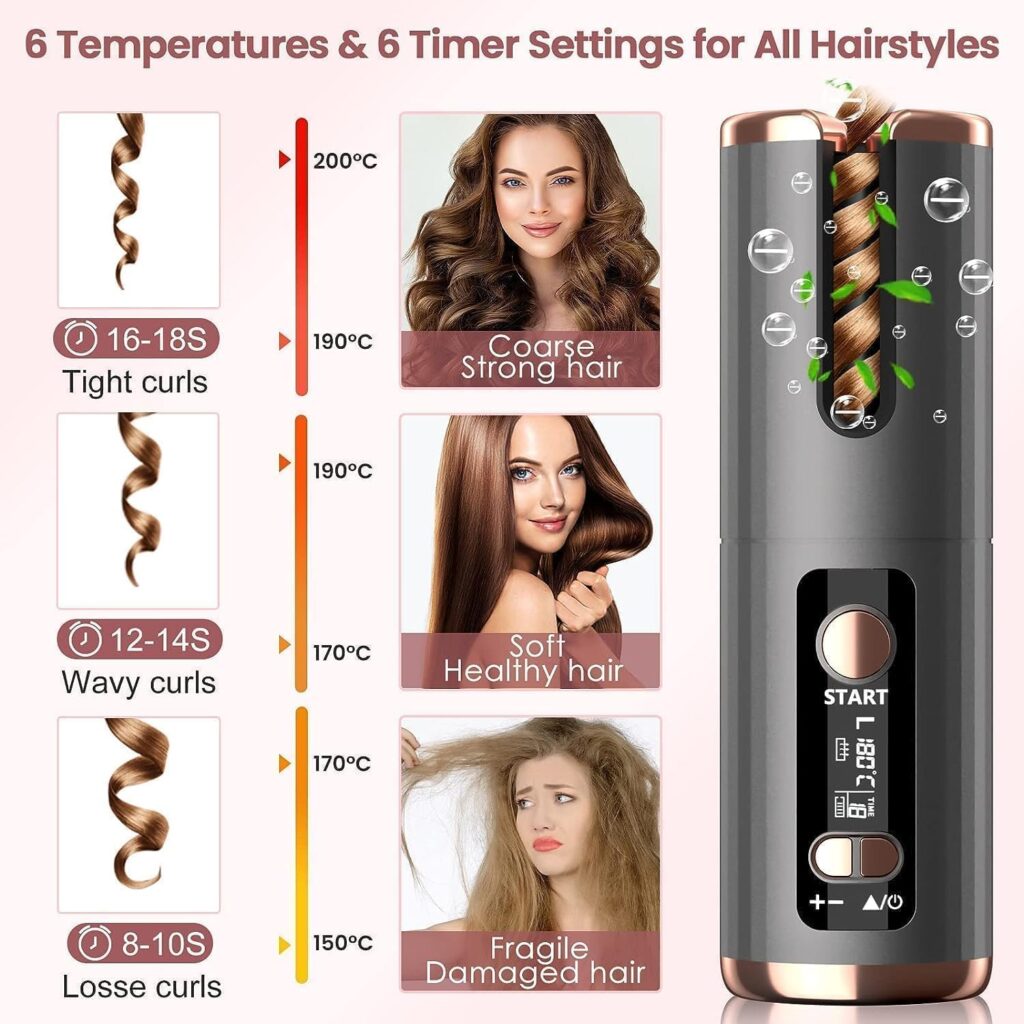 Automatic Hair Iron, Cordless Hair Curler PTC Ceramic Hair Curling Negative Ion Portable 5000mAh Rechargeable USB Anti-Tangle 6 Temperature  Timer 10min Auto Off Curling Wand for Home/Travel Use