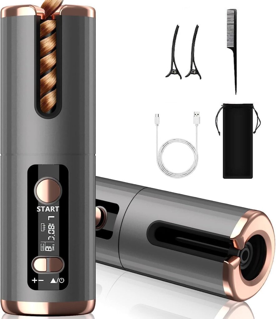 Automatic Hair Iron, Cordless Hair Curler PTC Ceramic Hair Curling Negative Ion Portable 5000mAh Rechargeable USB Anti-Tangle 6 Temperature  Timer 10min Auto Off Curling Wand for Home/Travel Use