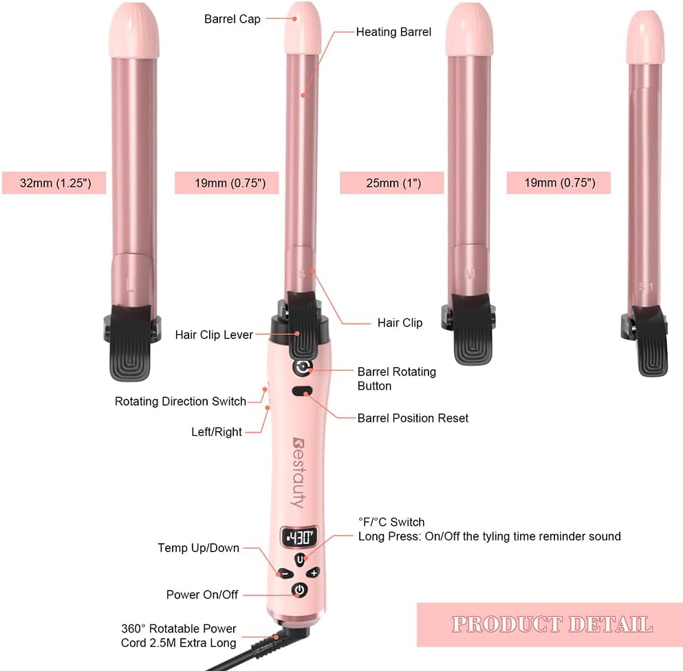 Bestauty Automatic Hair Curler, 4 in 1 Hair Curler with 19-32mm Interchangeable Ceramic Curling Tongs, 360° Rotating 160-220° C Curling Iron, Dual Voltage(Pink) Bestauty Automatic Hair Curler, 4 in 1 Hair Curler with 19-32mm Interchangeable Ceramic Curling Tongs, 360° Rotating 160-220° C Curling Iron, Dual Voltage(Pink)