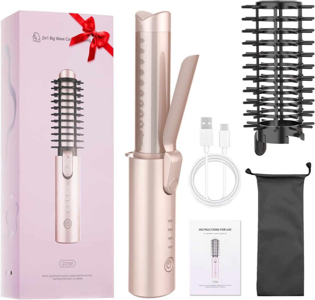 Bestauty Cordless Curling Wand-32mm, 2 in 1 Cordless Hair Curler with 15 Million Ions, Ceramic Coating, 160℃-220℃, 6800mAh Portable Travel Curling Tongs for Short  Medium Hair, Rose Gold