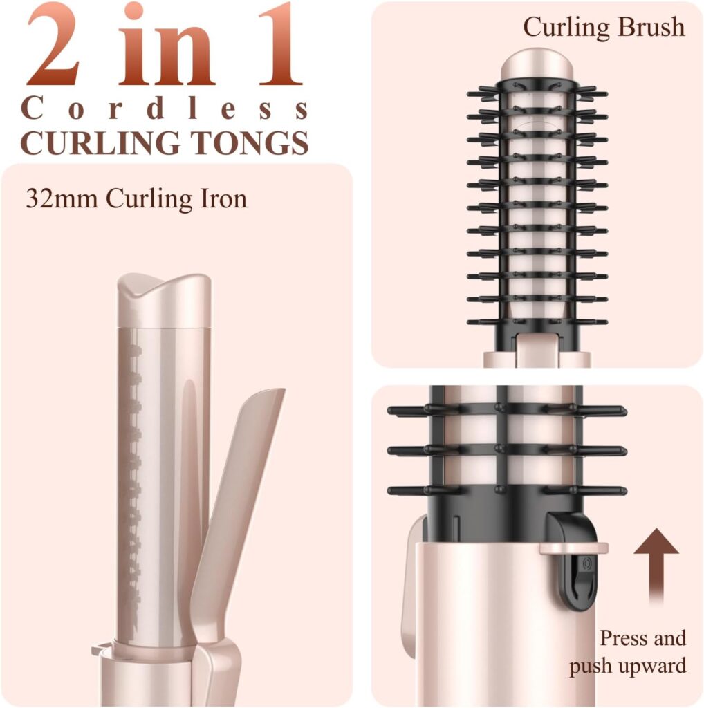Bestauty Cordless Curling Wand-32mm, 2 in 1 Cordless Hair Curler with 15 Million Ions, Ceramic Coating, 160℃-220℃, 6800mAh Portable Travel Curling Tongs for Short  Medium Hair, Rose Gold