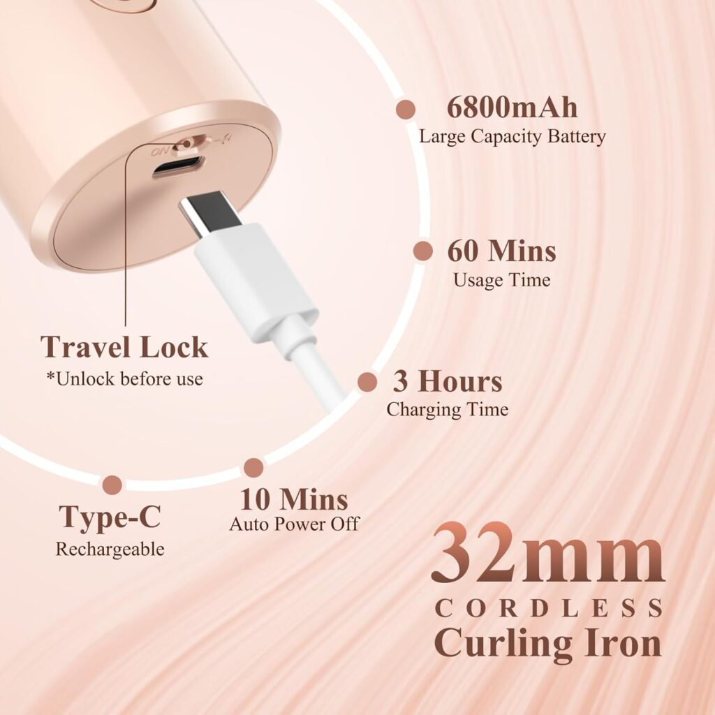 Bestauty Cordless Curling Wand-32mm, 2 in 1 Cordless Hair Curler with 15 Million Ions, Ceramic Coating, 160℃-220℃, 6800mAh Portable Travel Curling Tongs for Short  Medium Hair, Rose Gold