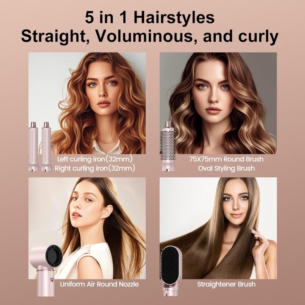 Hair Dryer Brush, 5-in-1 Hot Air Brush, Blow Dryer  Styler with Detachable Heads (Curling Wand, Volumizing Brush, Straightener, Curler), Travel Hairdryers Lightweight for Women  Men(Pink)