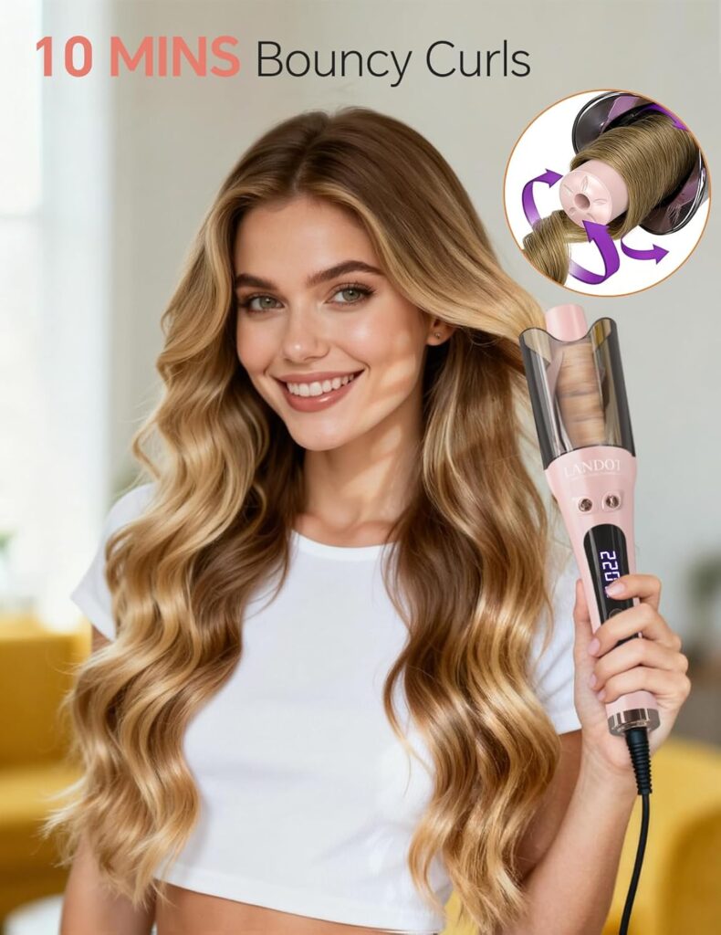 LANDOT Hair Curler Automatic Rotating: 2-Way Curling Wand with Anti-Scald Guard Tangle-Free Technology, 8 Heat Settings Dual Voltage for Salon Curls at Home, Ideal for Beginners - Classic Black LANDOT Hair Curler Automatic Rotating: 2-Way Curling Wand with Anti-Scald Guard Tangle-Free Technology, 8 Heat Settings Dual Voltage for Salon Curls at Home, Ideal for Beginners - Classic Black