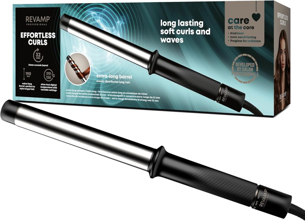 REVAMP Effortless Curls Extra Long Curling Tong - 32mm Hair Curling Tongs with Large Barrel, 25% longer, Smart Heat - Long Hair Tongs Infused with Argan Oil - Professional Wand Curler for Glossy Waves
