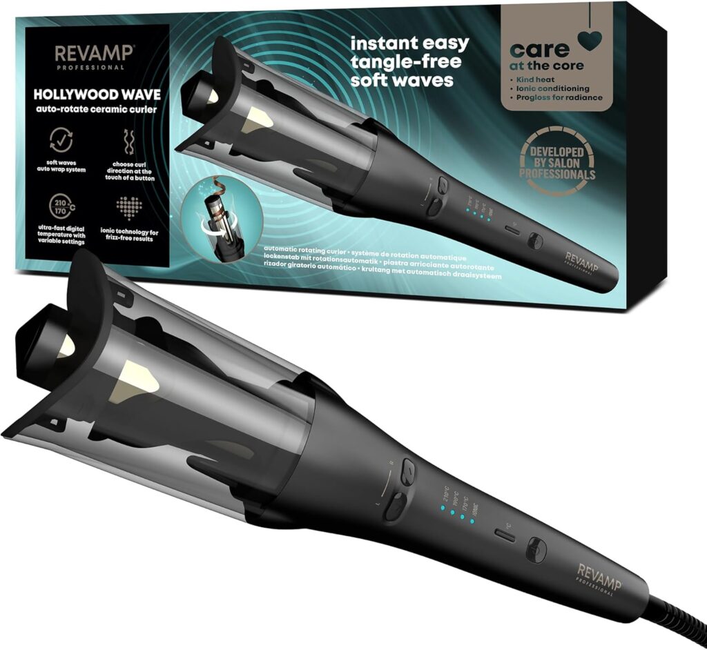 REVAMP Hollywood Wave Auto Rotate Ceramic Hair Curler - Ceramic, Ionic Barrel, Waver for Tight Curls, Beach Waves - Rotating Styler, Wavy Hair Curler, Iron Curling Tong