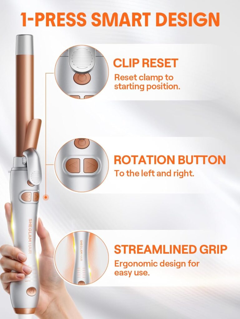 SHEGLAM Rotating Curling Iron, Curl Cycle, 25mm Automatic Curling Wand for Long Hair, Get Effortless Beach Waves with Self Spinning Barrel up to 220°C with Home Button, Dual Voltage SHEGLAM Rotating Curling Iron, Curl Cycle, 25mm Automatic Curling Wand for Long Hair, Get Effortless Beach Waves with Self Spinning Barrel up to 220°C with Home Button, Dual Voltage