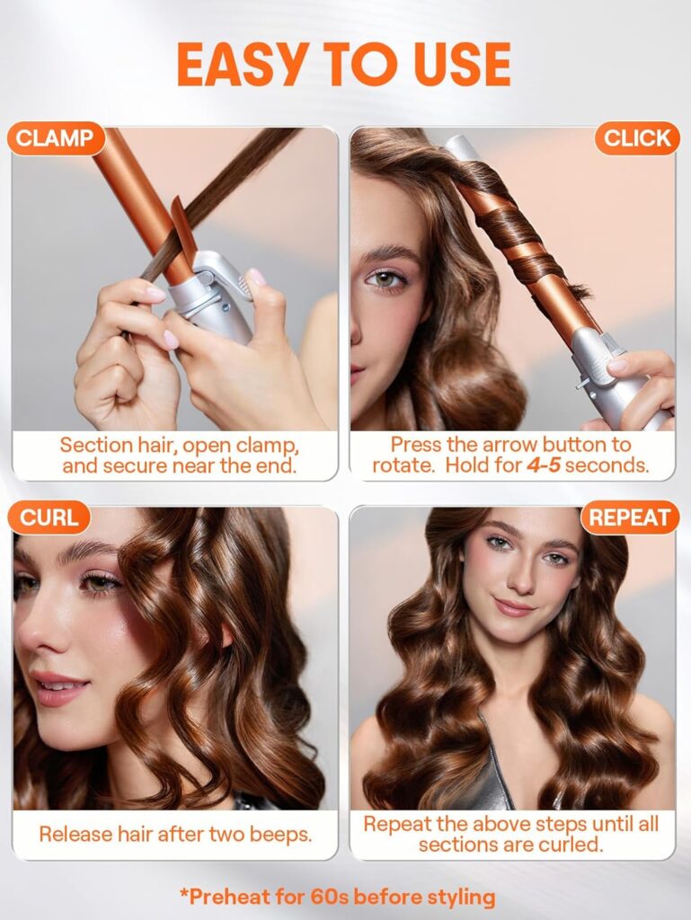 SHEGLAM Rotating Curling Iron, Curl Cycle, 25mm Automatic Curling Wand for Long Hair, Get Effortless Beach Waves with Self Spinning Barrel up to 220°C with Home Button, Dual Voltage SHEGLAM Rotating Curling Iron, Curl Cycle, 25mm Automatic Curling Wand for Long Hair, Get Effortless Beach Waves with Self Spinning Barrel up to 220°C with Home Button, Dual Voltage