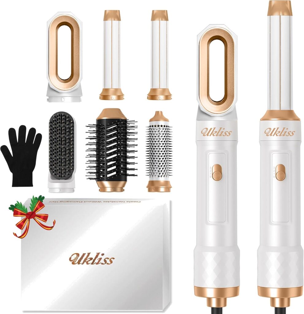 UKLISS Air Styler 6 in 1 Hairstyler Pro, Hair Dryer Brush with Automatic Hair Curler, Hair Straightener, Thermal Brush, Hot Airbrush, Gifts Set Hot Brushes for Women All Hair Styling - White