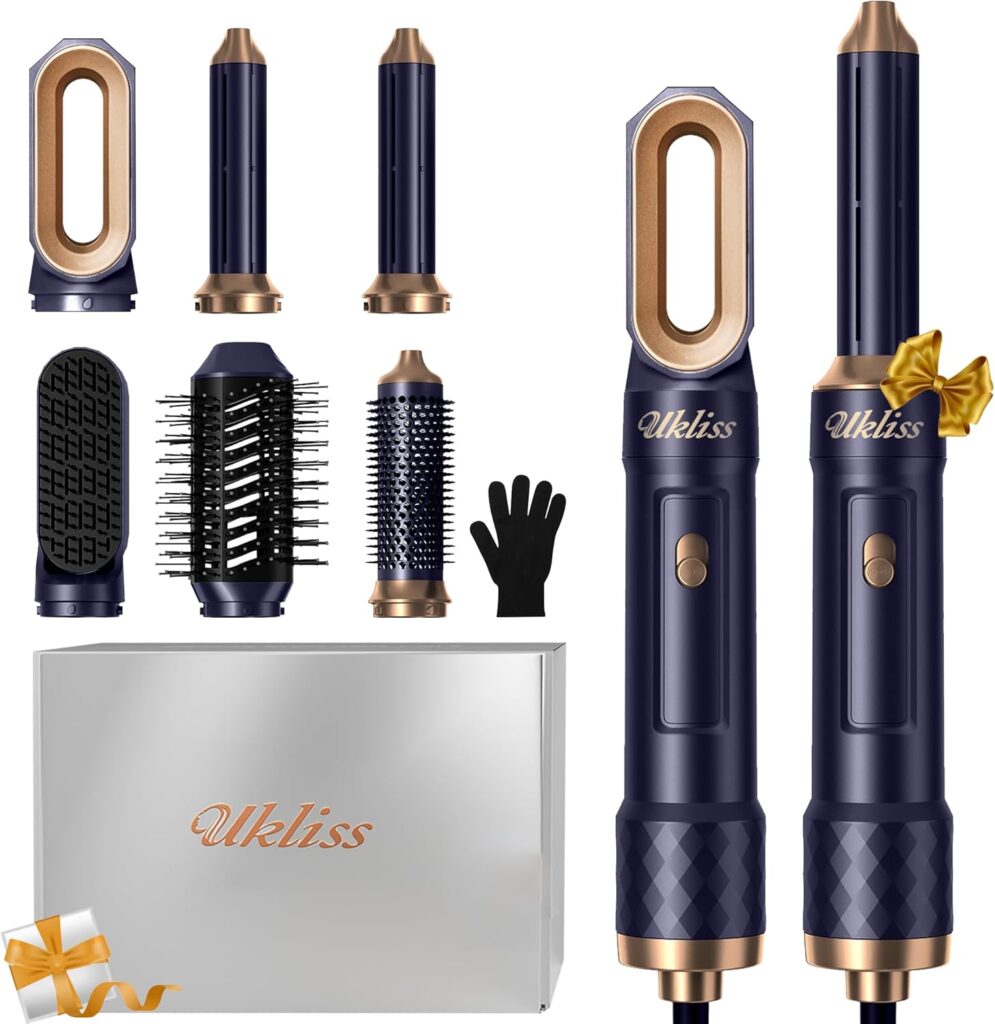 UKLISS Air Styler 6 in 1 Hairstyler Pro, Hair Dryer Brush with Automatic Hair Curler, Hair Straightener, Thermal Brush, Hot Airbrush, Gifts Set Hot Brushes for Women All Hair Styling - White