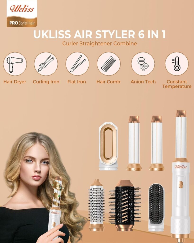 UKLISS Air Styler 6 in 1 Hairstyler Pro, Hair Dryer Brush with Automatic Hair Curler, Hair Straightener, Thermal Brush, Hot Airbrush, Gifts Set Hot Brushes for Women All Hair Styling - White