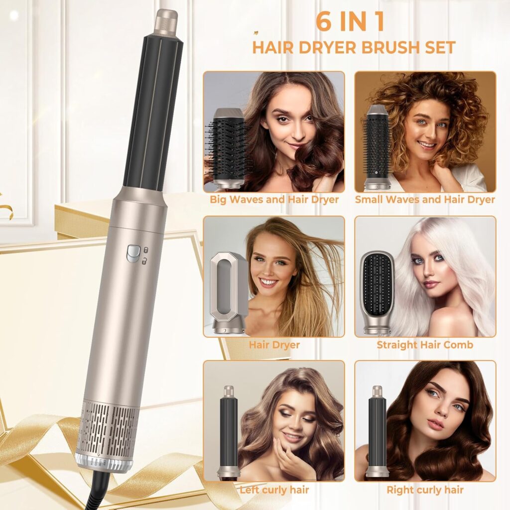 Air Styler 6 in 1, 1000w Hair Dryer Brush,30mm Air Curler, Detachable Multi-Hair Styler Tools for Drying Curling Volumizing Straightening, for Salon Blow-Out Look