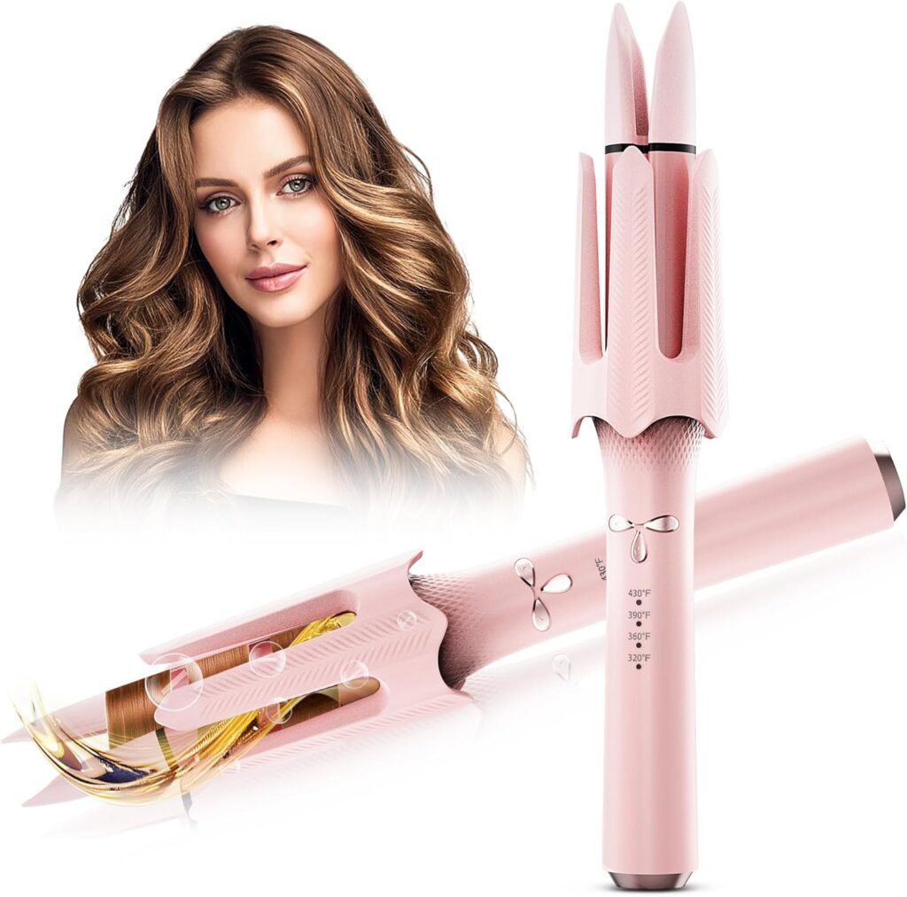 Automatic Rotating Hair Curler, 4 Temperature Settings  Timer, Auto Curling Iron with Auto Shut Off, Anti-Tangle  Scald, Curling Wand for Long Lasting Curls (Pink)