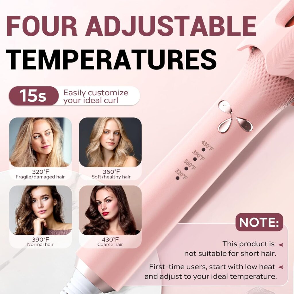 Automatic Rotating Hair Curler, 4 Temperature Settings  Timer, Auto Curling Iron with Auto Shut Off, Anti-Tangle  Scald, Curling Wand for Long Lasting Curls (Pink)