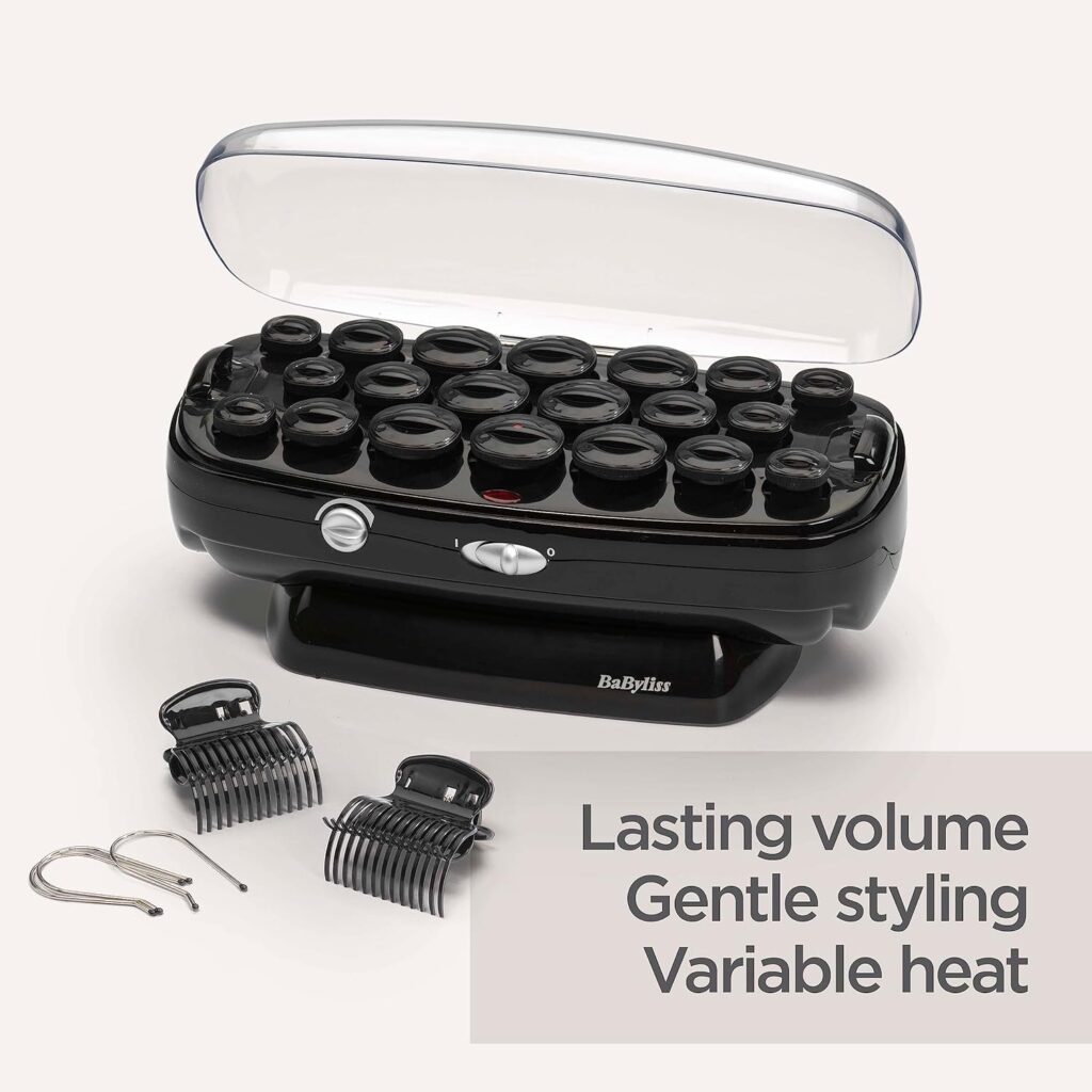 BaByliss Thermo-Ceramic Heated Hair Rollers, Long Lasting Curls, 20 Hair Rollers with Pins, All Hair Types, Anti-Frizz, Black, 3035U