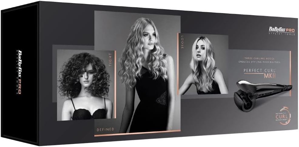BaBylissPro Curl Perfect Curl MK2 - Ceramic Automatic Hair Curler, 3 Heat Settings 180-230°C, Black, BAB2666U