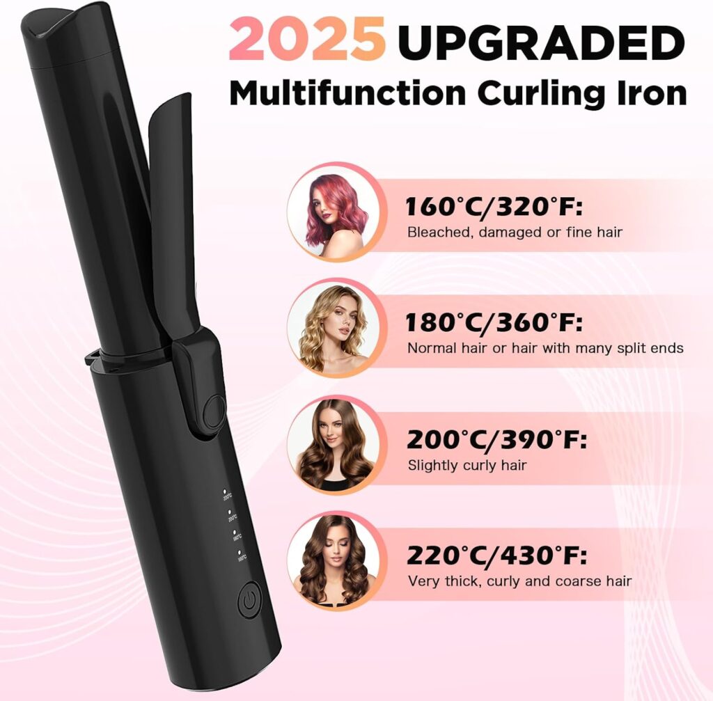Cordless Curling Wand, Ceramic Curling Iron Hair Curler for Long  Medium Hair, 4 Heat Settings  50min Cord-Free Travel Hair Curler with 10min Auto Off (Black)