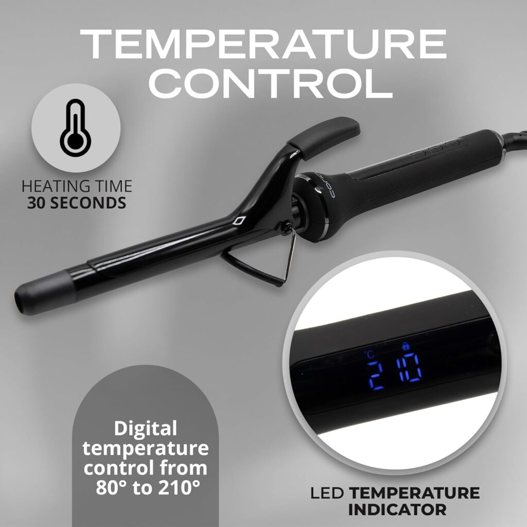 Corioliss Curly | Hair Curler | Tourmaline Ceramic Curling Wand | Professional Curling Tongs for Waves | Digital Temp Control 80-210°C | Dual Voltage | 3m Swivel Cord | Auto Shut-Off | 19 MM