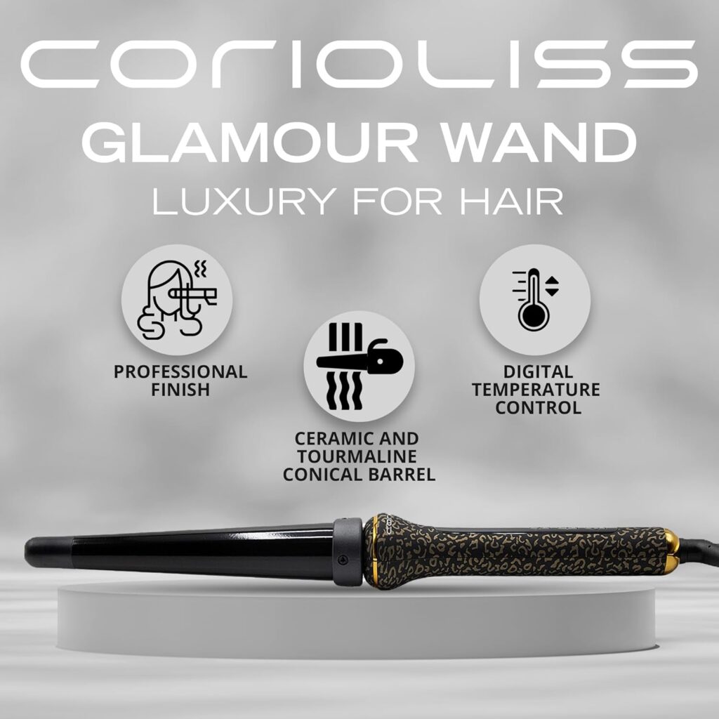 Corioliss Glamour Wand Hair Curler | Professional Ceramic Tourmaline Curling Wand | Conical Barrel 20-30 mm | Digital 80-210°C | Fast Heating 30s | Auto Shut-Off | 3m Swivel Cord Leopard Gold