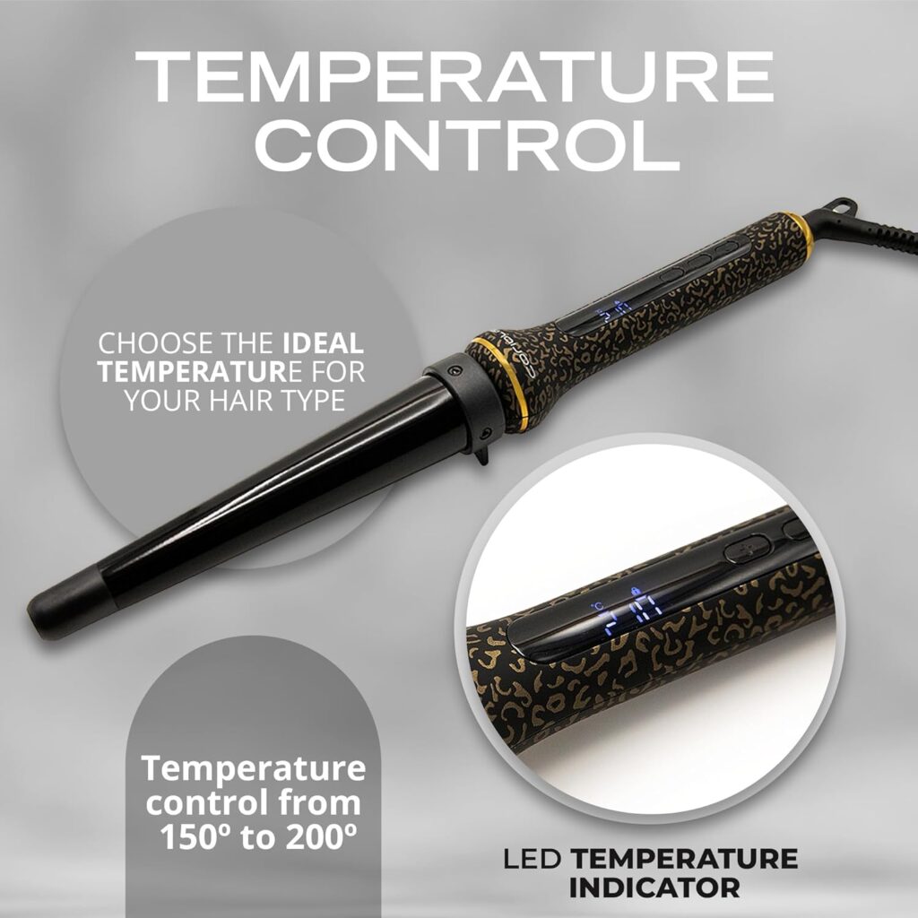 Corioliss Glamour Wand Hair Curler | Professional Ceramic Tourmaline Curling Wand | Conical Barrel 20-30 mm | Digital 80-210°C | Fast Heating 30s | Auto Shut-Off | 3m Swivel Cord Leopard Gold