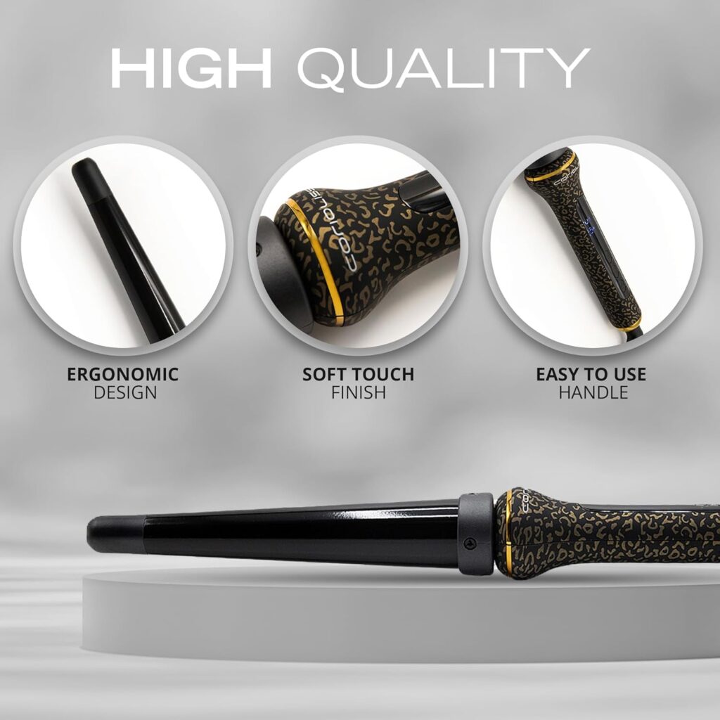 Corioliss Glamour Wand Hair Curler | Professional Ceramic Tourmaline Curling Wand | Conical Barrel 20-30 mm | Digital 80-210°C | Fast Heating 30s | Auto Shut-Off | 3m Swivel Cord Leopard Gold