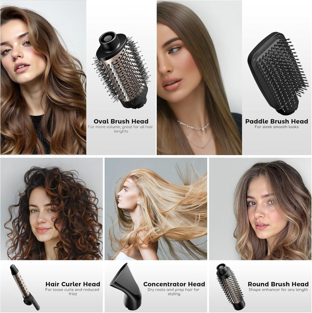Hair Dryer Brush, 5-in-1 Blow Dry Hair Brush, Multi Hot Air Styler for Drying and Styling Volumizing Curling Sleeking in One Step, Ceramic Coating, Less Frizz, 3 Temperatures, UK Plug, Black Gold