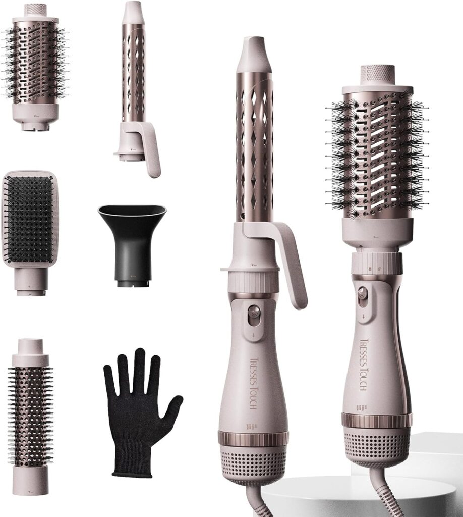 Hair Dryer Brush, 5-in-1 Blow Dry Hair Brush, Multi Hot Air Styler for Drying and Styling Volumizing Curling Sleeking in One Step, Ceramic Coating, Less Frizz, 3 Temperatures, UK Plug, Black Gold