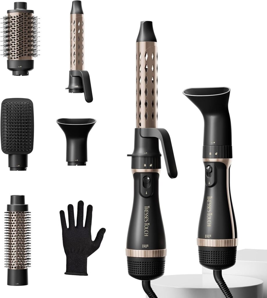 Hair Dryer Brush, 5-in-1 Blow Dry Hair Brush, Multi Hot Air Styler for Drying and Styling Volumizing Curling Sleeking in One Step, Ceramic Coating, Less Frizz, 3 Temperatures, UK Plug, Black Gold