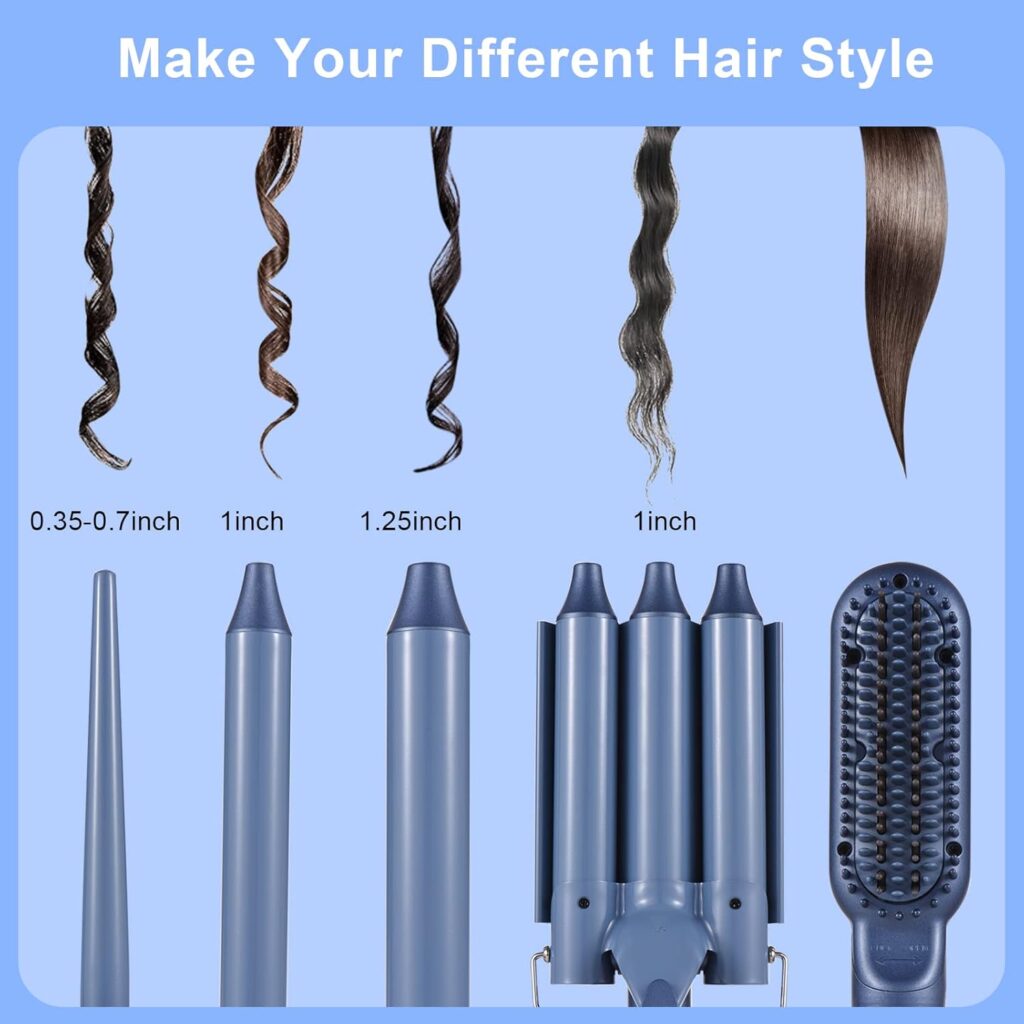 Pretfy Hair Curler, 5 in 1 Curling Wand Set with 9mm-32mm Ceramic Curling Tongs Iron, 3 Barrel Hair Waver, Hair Straightener Brush, LCD 80-230°C Adjustable Temp with Gloves Hairpins for Straight Curly