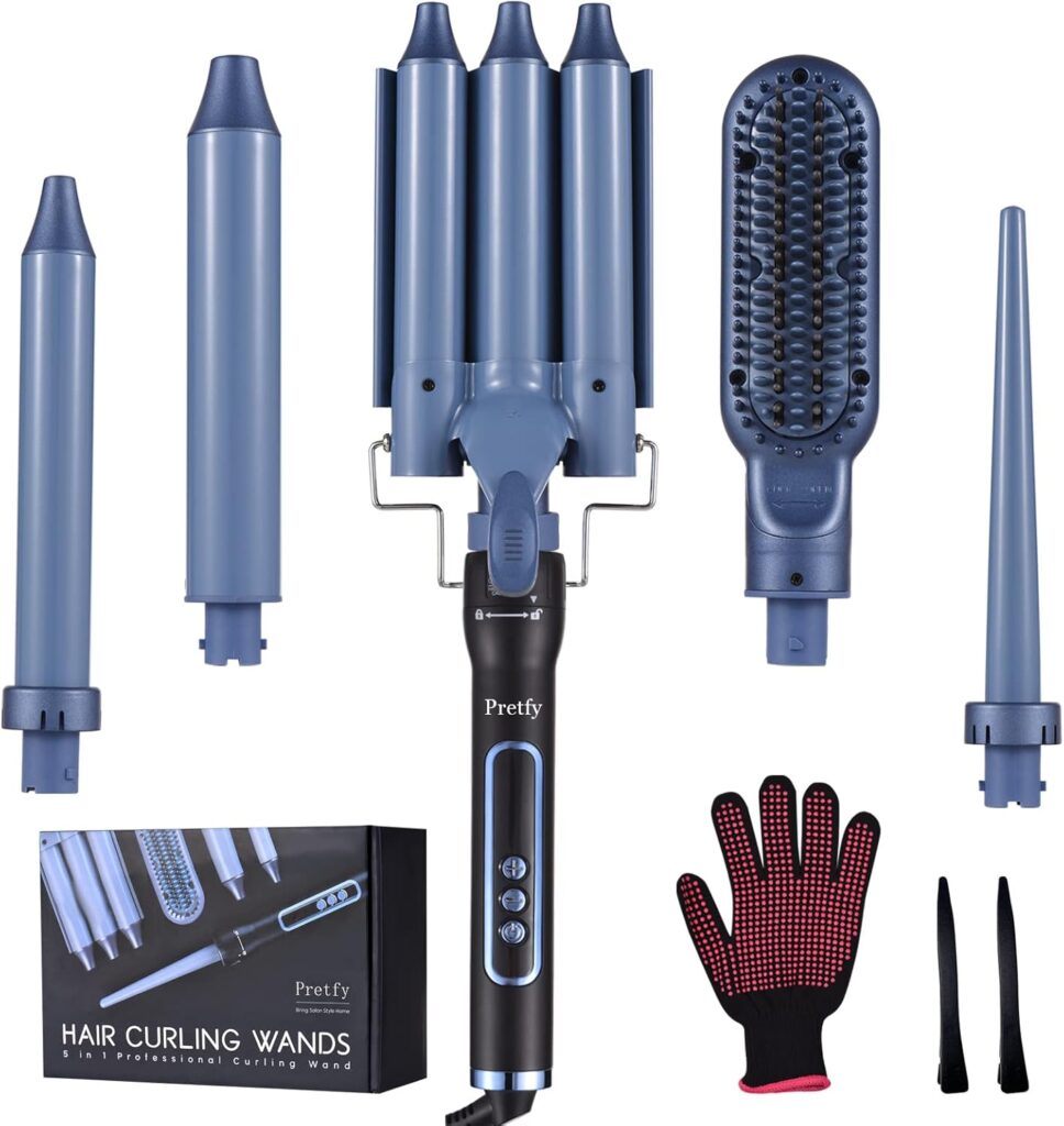 Pretfy Hair Curler, 5 in 1 Curling Wand Set with 9mm-32mm Ceramic Curling Tongs Iron, 3 Barrel Hair Waver, Hair Straightener Brush, LCD 80-230°C Adjustable Temp with Gloves Hairpins for Straight Curly