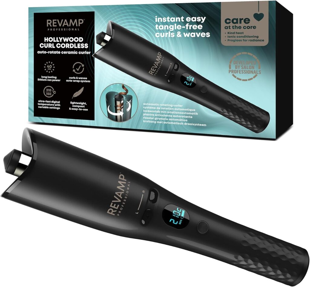 REVAMP Hollywood Curl Cordless Auto-Rotate Curler, Automatic Rotating Styler - Ceramic, Ionic Barrel, Waver for Tight Curls, Beach Waves - Rotating Hair Styler, Wavy Hair Curler Tong