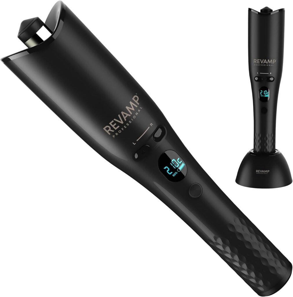 REVAMP Hollywood Curl Cordless Auto-Rotate Curler, Automatic Rotating Styler - Ceramic, Ionic Barrel, Waver for Tight Curls, Beach Waves - Rotating Hair Styler, Wavy Hair Curler Tong