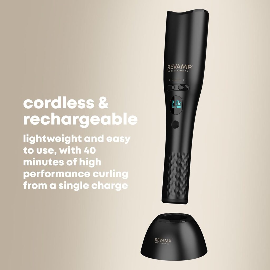 REVAMP Hollywood Curl Cordless Auto-Rotate Curler, Automatic Rotating Styler - Ceramic, Ionic Barrel, Waver for Tight Curls, Beach Waves - Rotating Hair Styler, Wavy Hair Curler Tong
