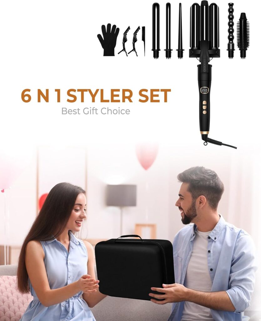 Thermal Brush, Curling Wand Set, 6 in 1 Curling Tongs with [Storage Box], LCD Display, 3 Barrel Hair Waver, Curling Iron 9mm-32mm, Thermal Brush  Curling Brush, Hair Curler for All Hair Styling