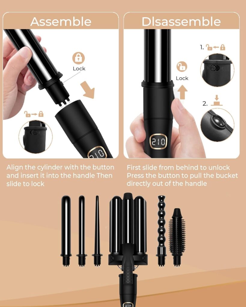 Thermal Brush, Curling Wand Set, 6 in 1 Curling Tongs with [Storage Box], LCD Display, 3 Barrel Hair Waver, Curling Iron 9mm-32mm, Thermal Brush  Curling Brush, Hair Curler for All Hair Styling