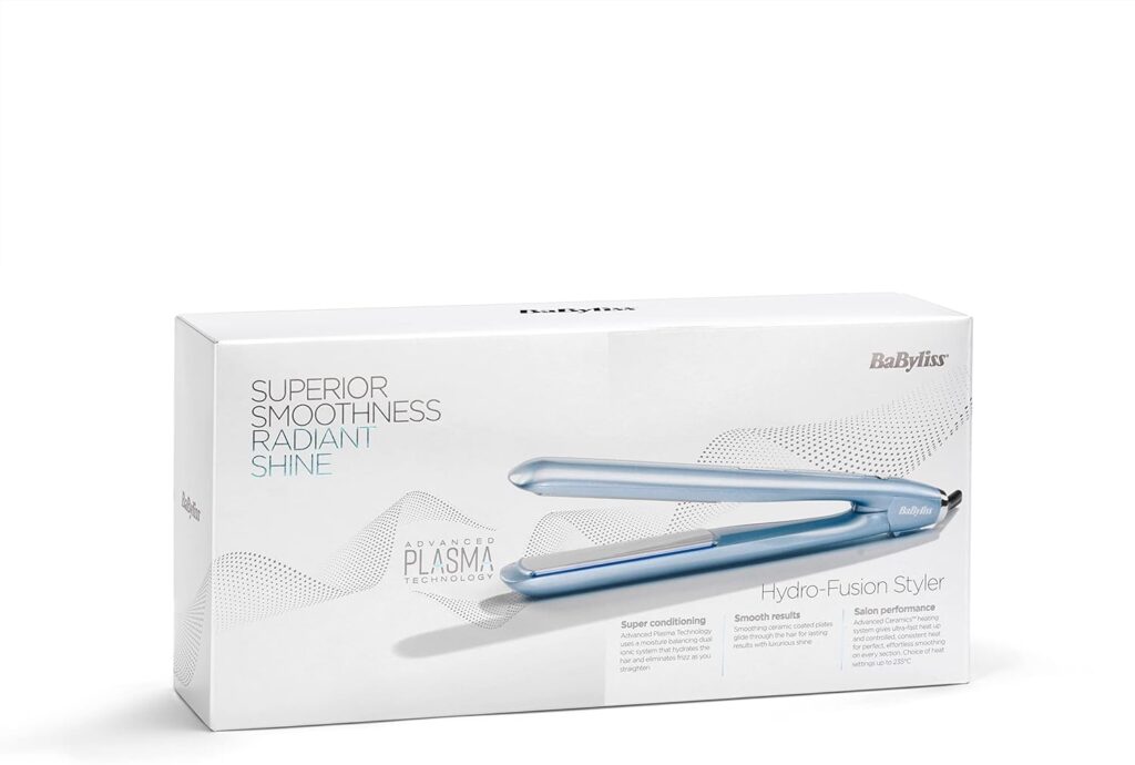 BaByliss Hydro Fusion Hair Straighteners – Dual Ionic Technology, Anti-Frizz Effect, 5 Temperature Settings, Fast Heat-Up, Auto Shut-Off – Blue, 2573U