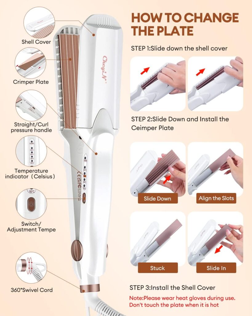 CkeyiN Hair Crimper, Professional Hair Crimpers for Women with 4 Interchangeable Ceramic Plates, Wide Plate Hair Straightener Styling Tool for All Hair Types CkeyiN Hair Crimper, Professional Hair Crimpers for Women with 4 Interchangeable Ceramic Plates, Wide Plate Hair Straightener Styling Tool for All Hair Types