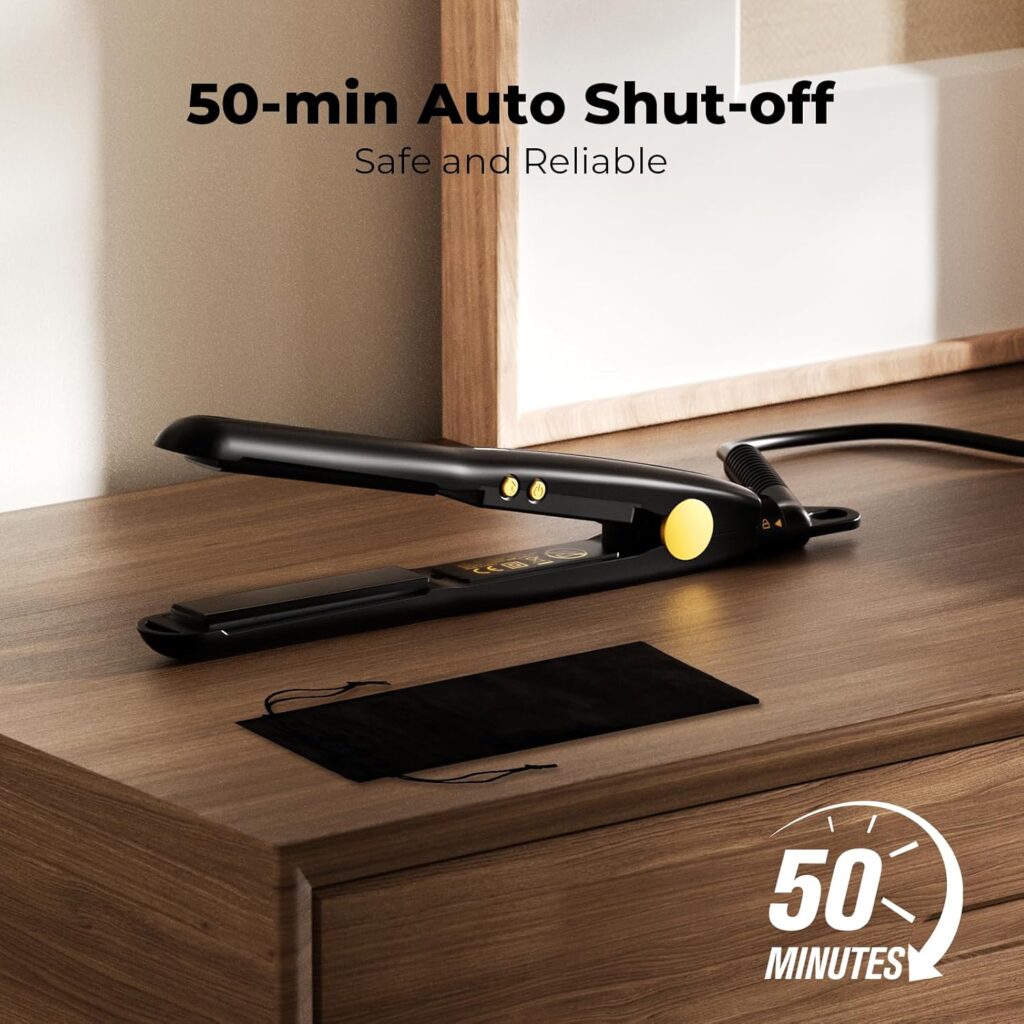 Farery Mini Hair Straightener for Short Hair, Tourmaline Ceramic Compact Small Straighteners, Travel Mini Straighteners with Pouch, Auto Shut Off, Dual Voltage with Adjustable Temp, Black