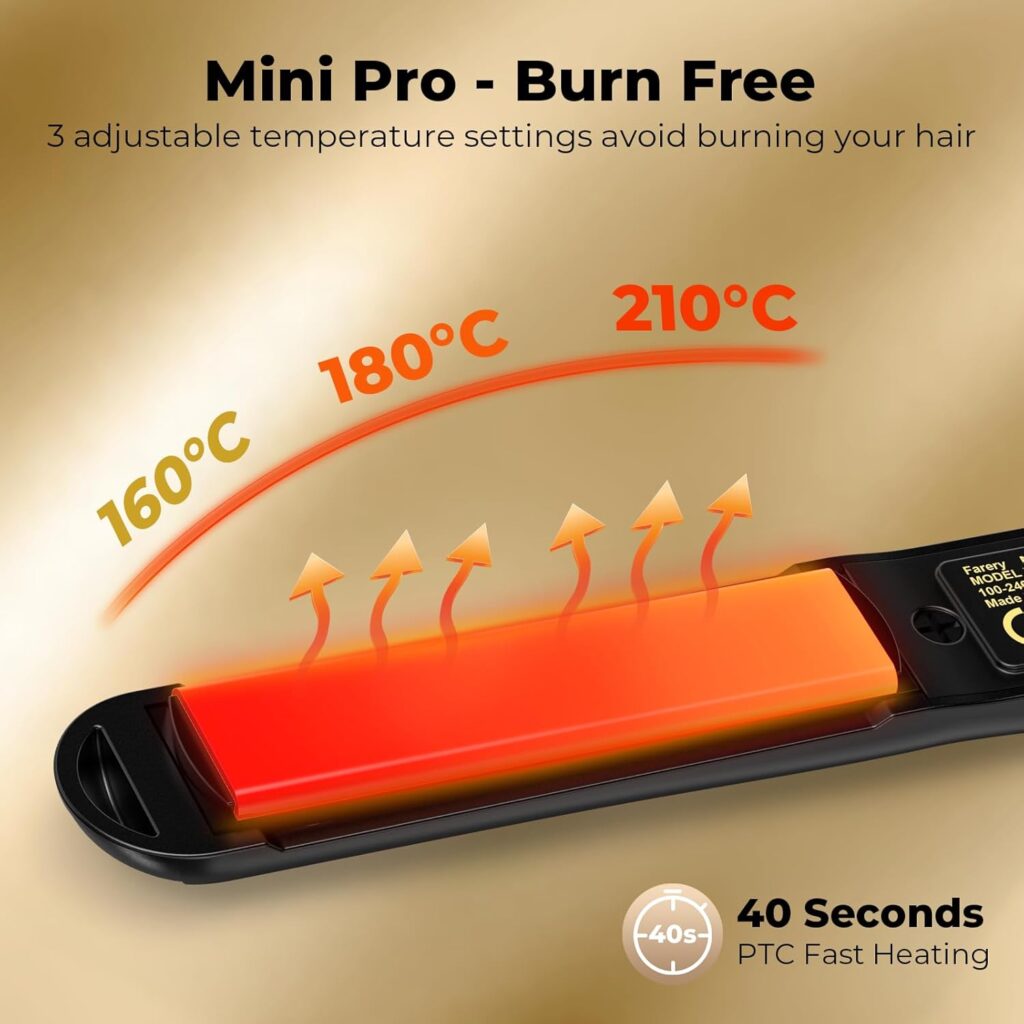 Farery Mini Hair Straightener for Short Hair, Tourmaline Ceramic Compact Small Straighteners, Travel Mini Straighteners with Pouch, Auto Shut Off, Dual Voltage with Adjustable Temp, Black