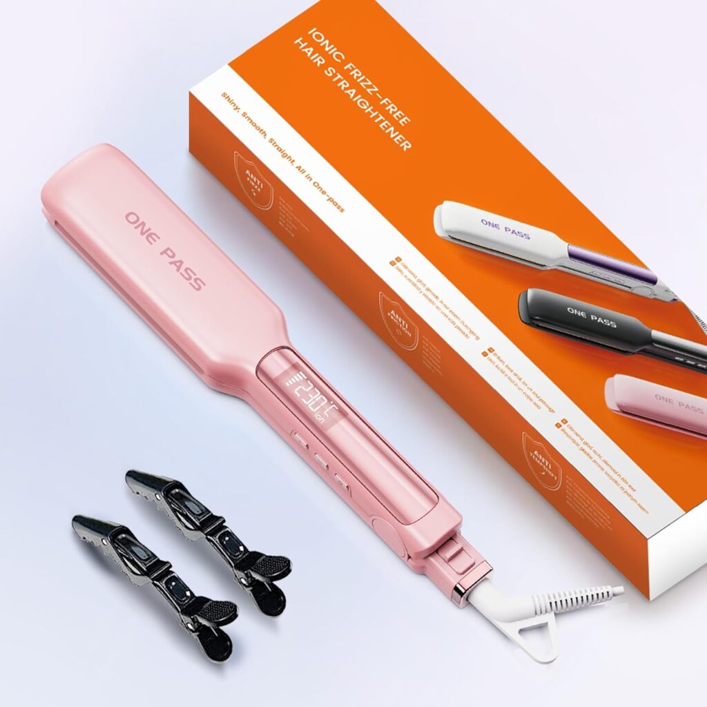 Faszin Professional Hair Straighteners, 42mm Wide Plate Titanium Negative Ion Flat Iron, 30s Rapid Heating, 11 Adjustable Temperature Levels (130-230℃), Real-time Temperature Display-Pink