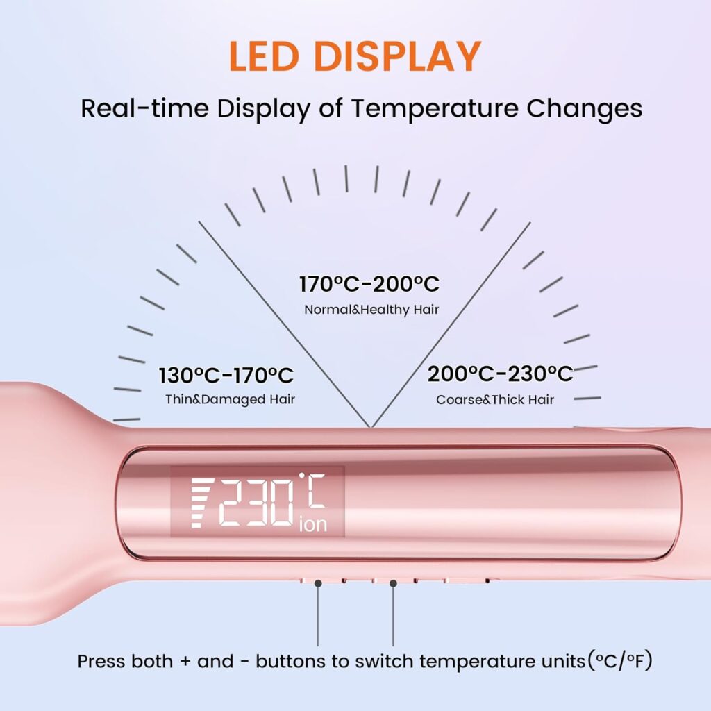 Faszin Professional Hair Straighteners, 42mm Wide Plate Titanium Negative Ion Flat Iron, 30s Rapid Heating, 11 Adjustable Temperature Levels (130-230℃), Real-time Temperature Display-Pink