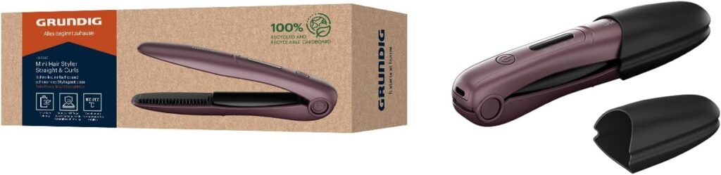 Grundig HS 6330 Mini Hair Straightener, Travel Straightener, 3 Temperature Levels (160/180/200°C), Small Plates, Ceramic Coating, LE Display, Up to 32 Minutes Operating Time, Safety Shut-Off, Purple