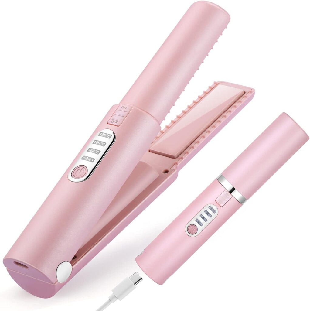 JMFONE Cordless Hair Straighteners and Curler, Mini Travel Flat Iron Hair Straightener 2 in 1, USB-C Rechargeable Wireless Portable Straighteners, 3 Temperature Levels, 4800mAh Battery (Light Pink)