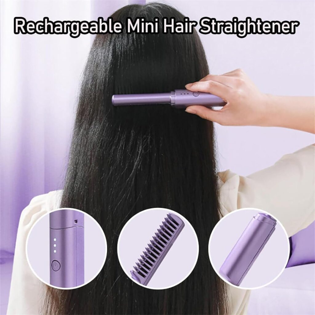 Rechargeable Mini Hair Straightener,Portable Cordless Hair Straightening Brush,Three Temperature Adjustments Flat Iron,Anti Scald Travel Hair Straightener (Pink)