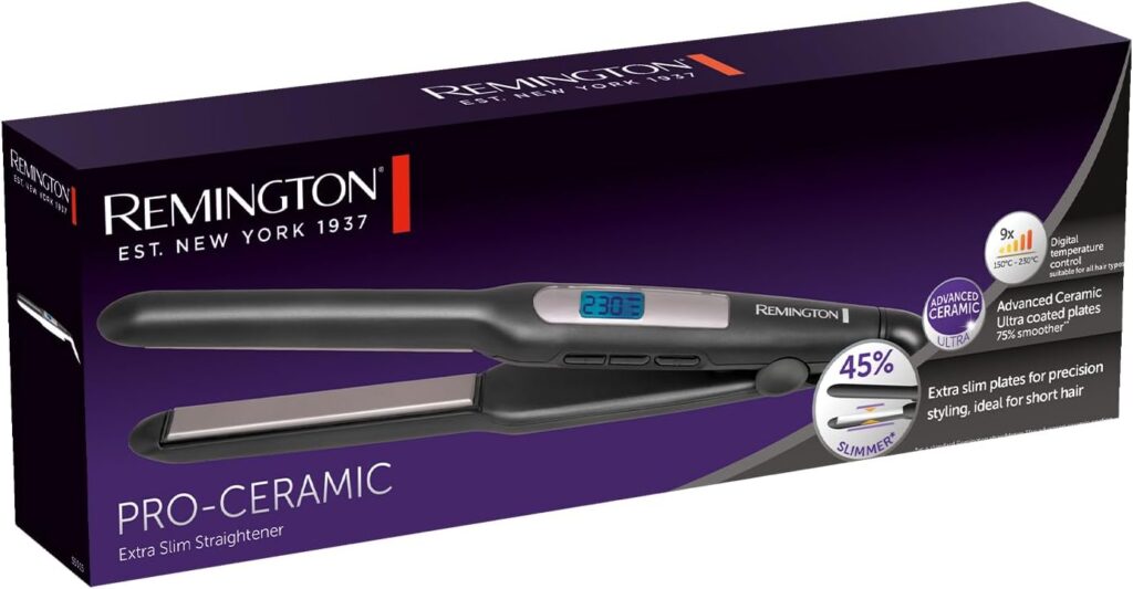 Remington Hair Straightener with Extra Slim Plates (for Short Hair, Pixies, Bangs, Small Curls, Advanced Ceramic Coating, Digital Display, 9 Settings 150-230°C, Fast Heat up) S5515