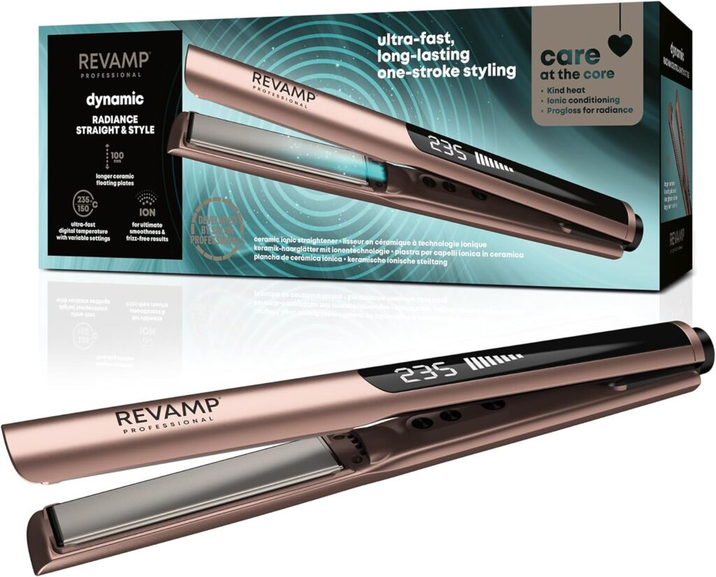 REVAMP Dynamic Radiance Straight Style Ionic Ceramic Hair Straighteners - Extra-Long Plates for One Stroke Styling, Curved Design for Lasting Waves, Curls - Salon Professional Hair Straightener REVAMP Dynamic Radiance Straight Style Ionic Ceramic Hair Straighteners - Extra-Long Plates for One Stroke Styling, Curved Design for Lasting Waves, Curls - Salon Professional Hair Straightener